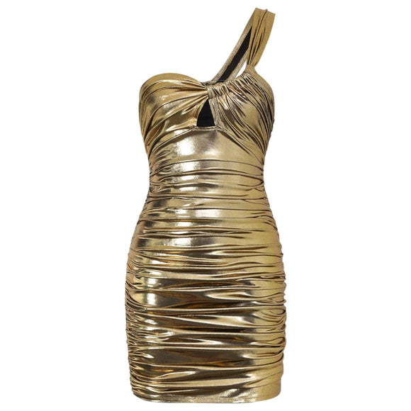 Micas Gold Metallic One Shoulder Ruched Mini Dress X-Small