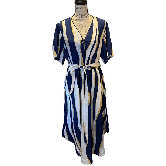 Bloomchic Striped Belted Blue Gold White Dress Size 14/16