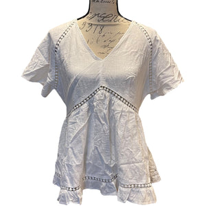 Bloomchic Cotton White Boho Babydoll V Neck Shirt Size 12