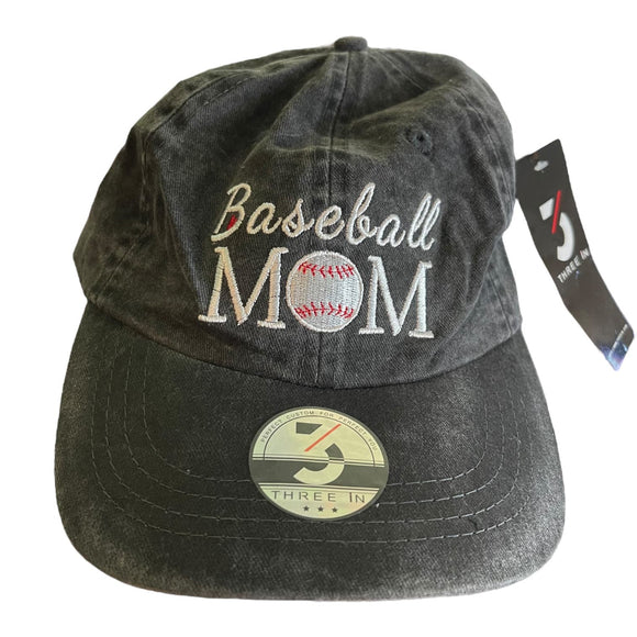 Three In Baseball Mom Black Cotton Washed Denim Hat