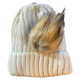 Women's Beige Knit Beanie With Faux Fur Removable Pom Pom OS