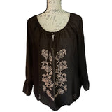 New York & Company Black Semi Sheer Embroidered Rose Shirt Size X-Large