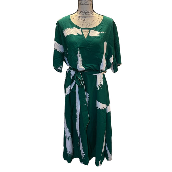 Bloomchic Green White Keyhole Midi Belted Dress Size 18/20