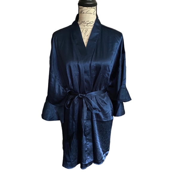 NWT Royal Blue Satin Short Belted Robe Size X-Large