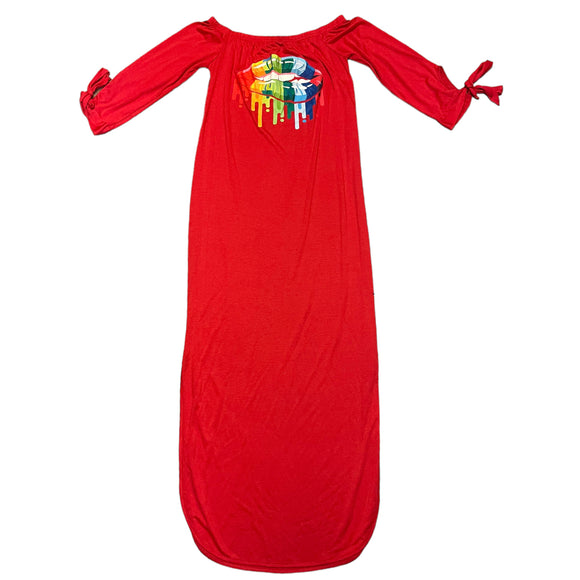 Red Rainbow Lips Off Shoulder Maxi Dress Size Medium