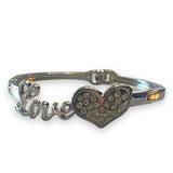 Love Heart Silver Rhinestone Bangle Bracelet