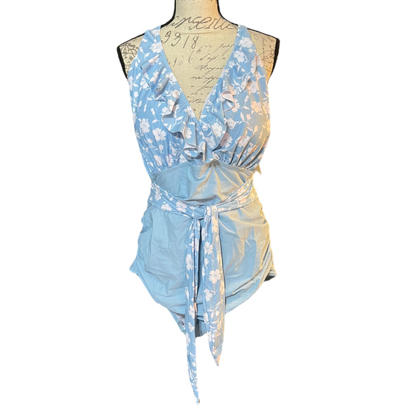 Bloomchic Baby Blue White Floral V Neck Ruffle One Piece Swimsuit 18/20