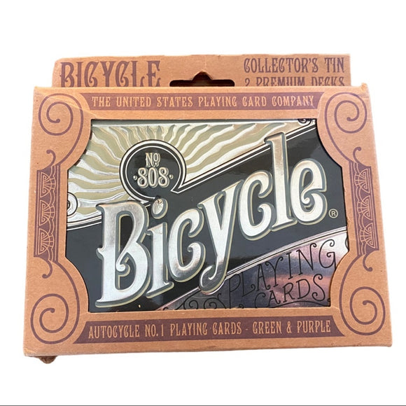 bicycle-no-808-2-sets-playing-cards-collectors-tin-green-purple-front-of-package