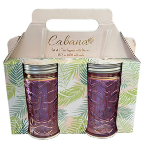 cabana pink set of 2 tiki sipper cups with straws front in package