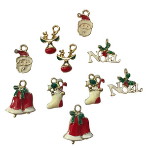 front of 10 charms santa, bell, noel, stocking, reindeer