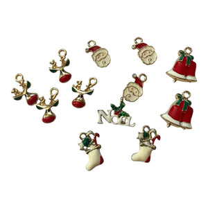 set of 4 charms, reindeer, santa, noel, bell and stocking