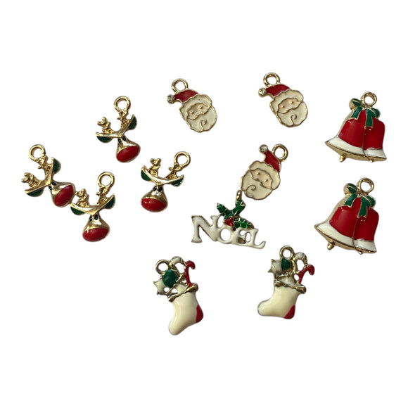 set of 4 charms, reindeer, santa, noel, bell and stocking