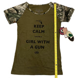 Girls With Guns Keep Calm Green Camouflage Cotton Blend Shirt X-Large