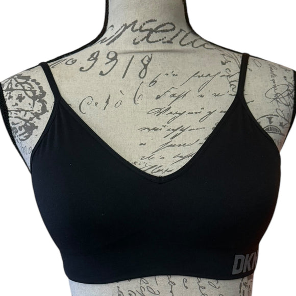 Front of black DKNY bra