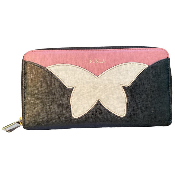 furla-butterfly-black-pink-white-zippy-wallet-euc-front