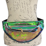  iridescent-pink-green-clear-waist-fanny-pack-front-view-on-model