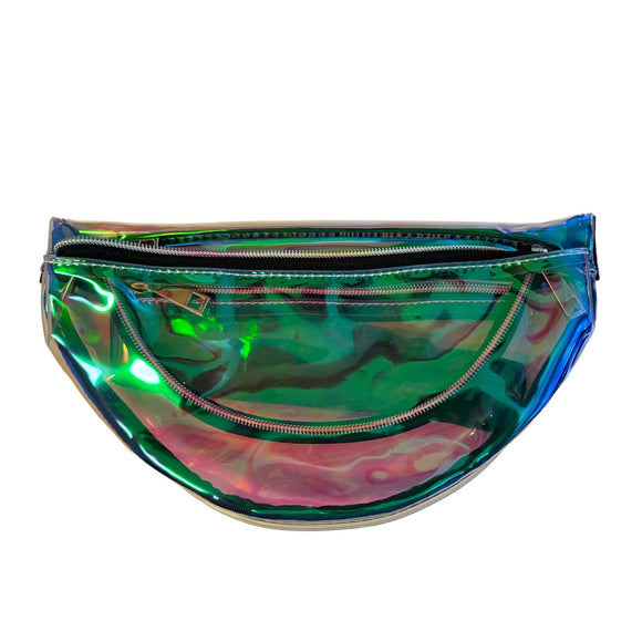  iridescent-pink-green-clear-waist-fanny-pack-front-view