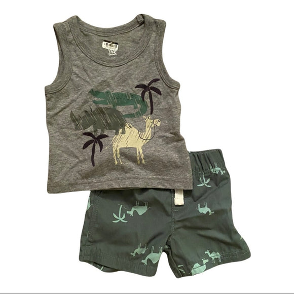 just one you boys shirt and shorts set in gray and green with a camel on the front