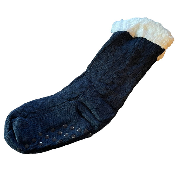 sherpa-knit-navy-blue-non-slip-slipper-socks-one-size-front-of-socks