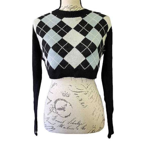 Black Argyle Print Knit Long Sleeve Sweater One Size NEW