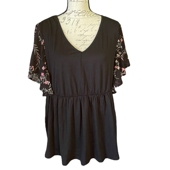 bloomchic-black-v-neck-front-flutter-floral-sleeve-shirt-plus-size-14-16-front