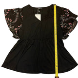 Bloomchic Black V Neck Front Flutter Floral Sleeve Shirt Plus Size 14-16