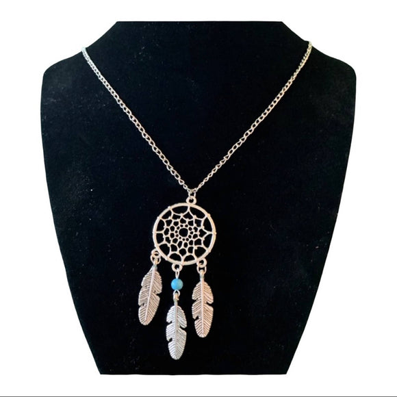 Dream Catcher Necklace Silver With Turquoise & Feathers