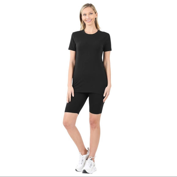 Zenana Black Cotton Round Neck Shirt With Matching Biker Shorts Medium