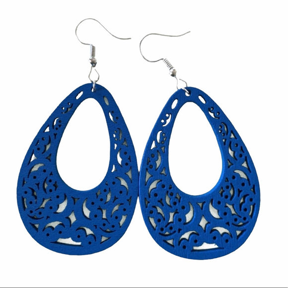 Blue Wood Ornate Cutout Drop Dangle Earrings NEW