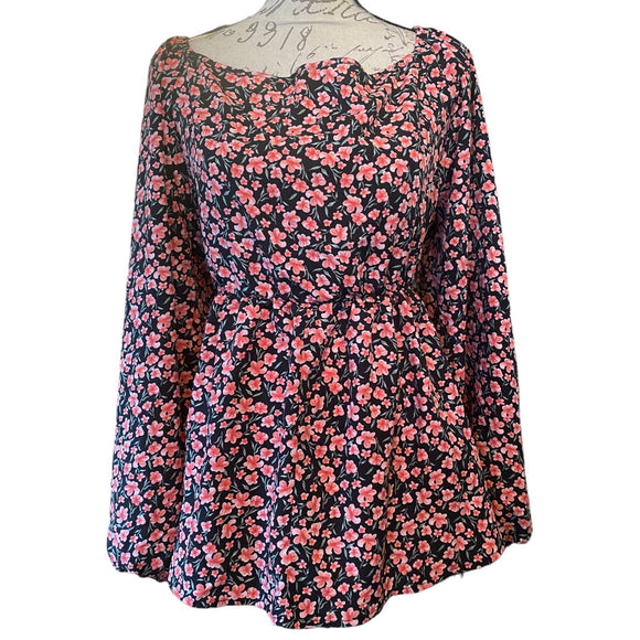 Bloomchic Black & Pink Floral Babydoll Top Size 14/16 NEW