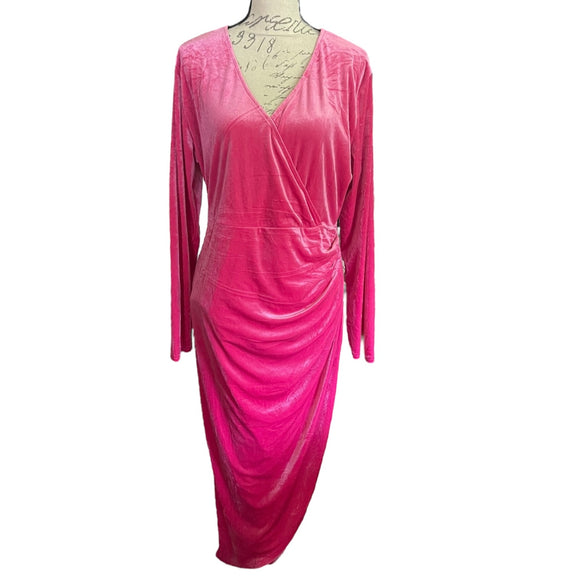 zomva-hot-pink-velour-faux-wrap-party-dress-size-2xl-front-of-dress