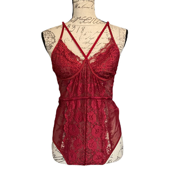 Red Lace Mesh One Piece Teddy Size Large NWOT