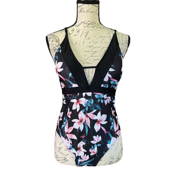 Sporlike Tropical Floral Print Plunge Front One Piece Swimsuit Size Small NEW