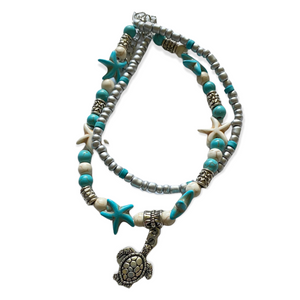 Turtle & Starfish Turquoise Silver NEW Double Strand Anklet 11”