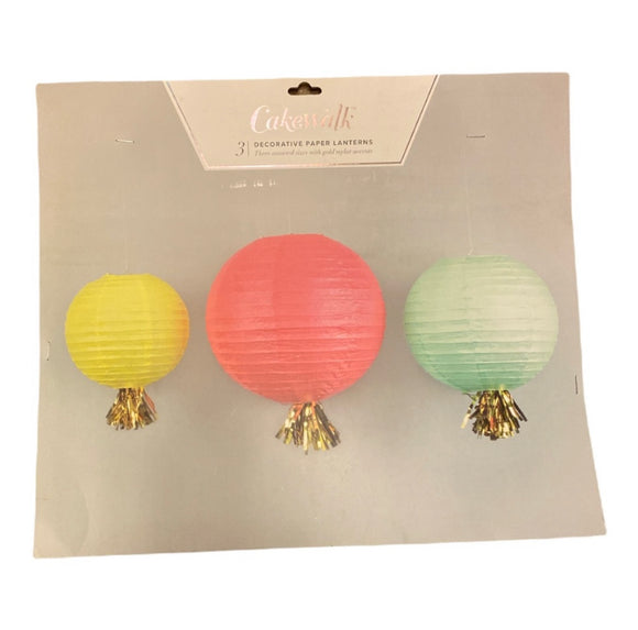 NIP Cakewalk 3 Large Paper Lanterns Party Decorations Pink Blue Yellow Assorted