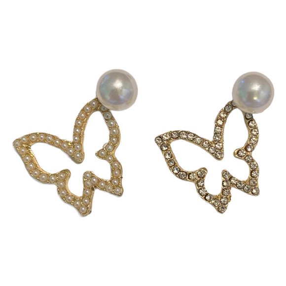 Butterfly Gold Tone Diamond & Pearl Earrings