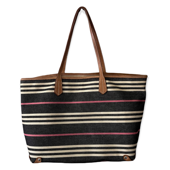 Burberry Large Striped Leather Trim Tote Purse