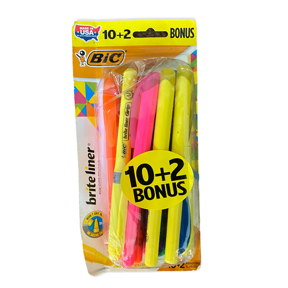 BIC 12 Assorted Highlighters Yellow Pink Orange Blue Green